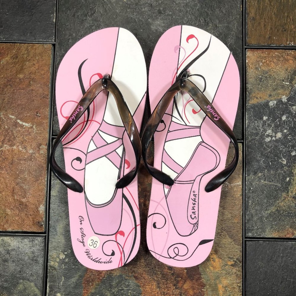 Girls Pink Flip Flops, Pointe Shoes Print, Size 36